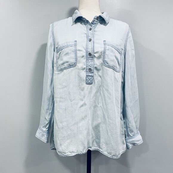 TALBOTS LP Light Blue Chambray Denim Button Up Shirt Roll Tab Western Utility - Picture 1 of 16